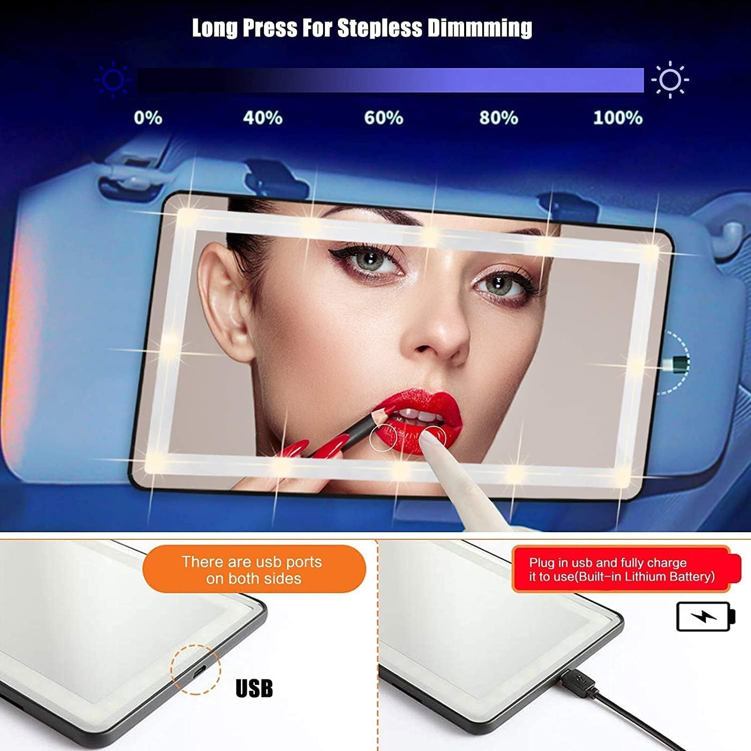 Car Vanity Mirror, with 3 Light Modes & 60 LEDs - Rechargeable Dimmable Clip-on Rear View Sun-Shading Cosmetic Makeup Mirror, Universal for Car SUV (White, 2 Pack)
