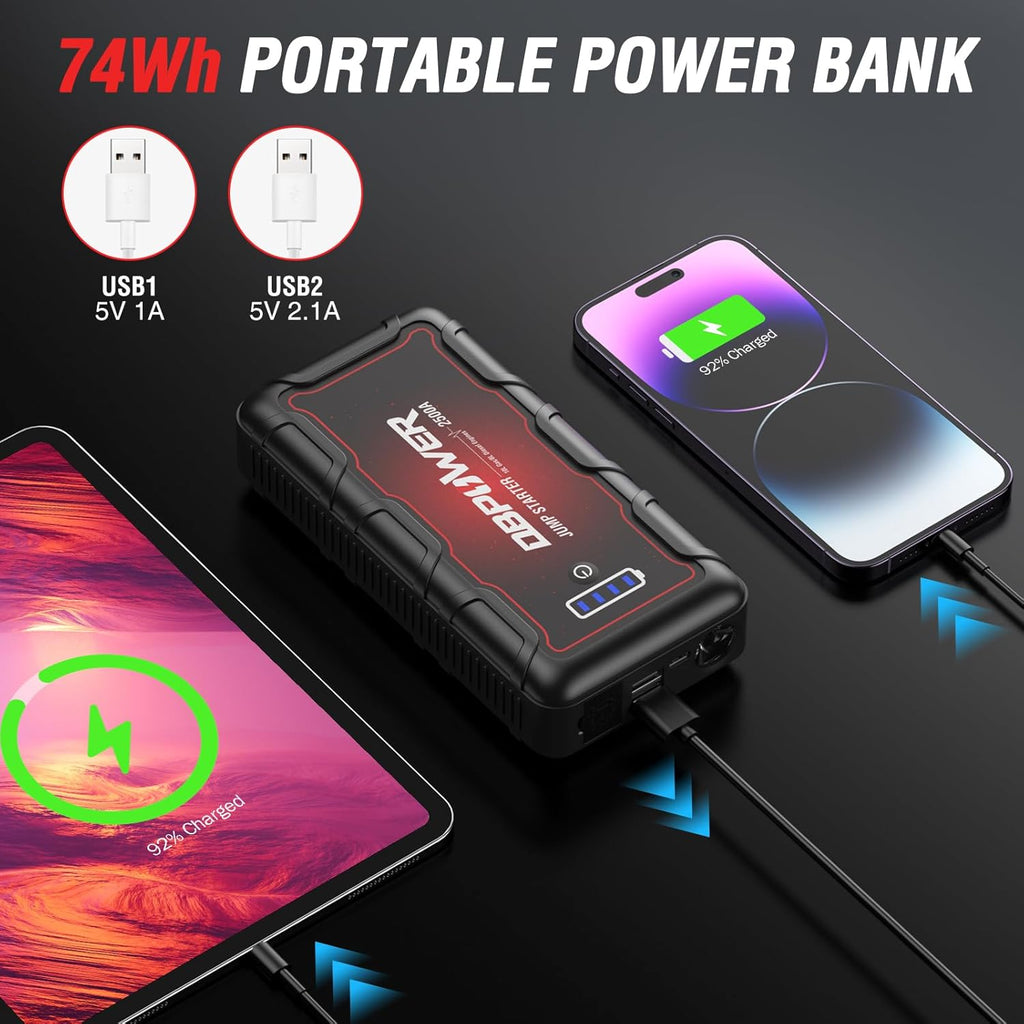DBPOWER Jump Starter 2500A Peak 74Wh Portable Car Jump Starter (Up to 10L Gas/8L Diesel Engine) 12V Auto Battery Booster Pack with Smart Clamp Cables, Quick Charger, LED Light Jump Box