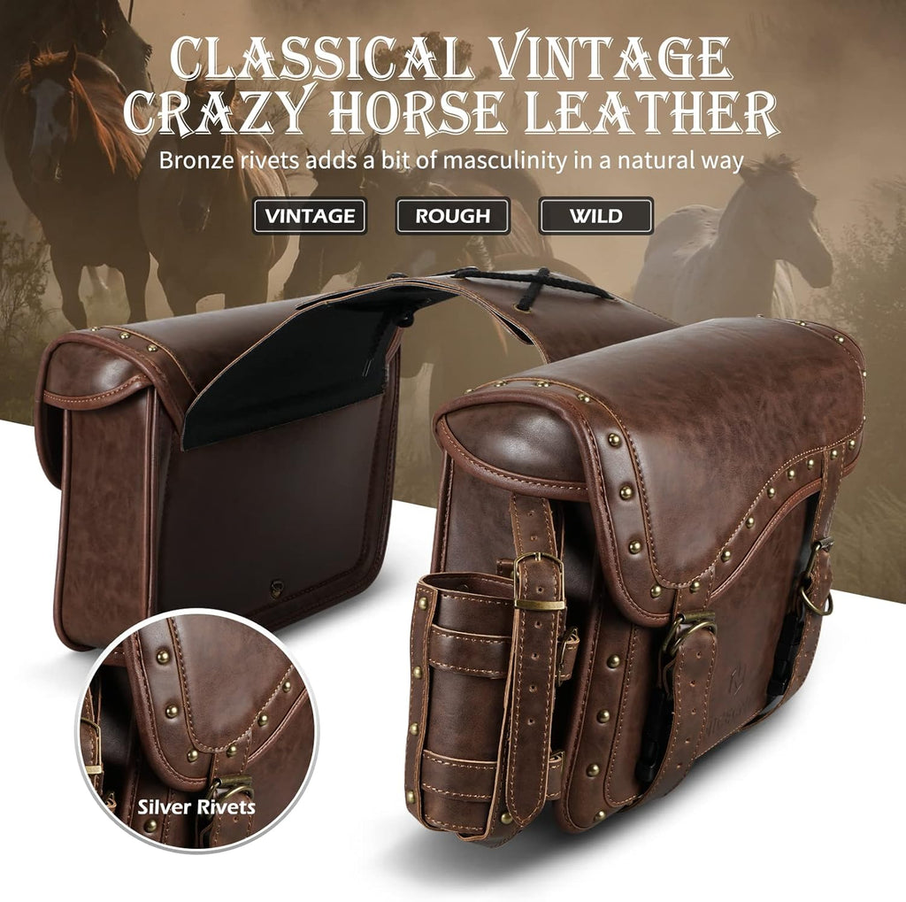 NICECNC Motorcycle Saddle Bags, PU leather Motorcycle Saddlebags, Reinforced Straps & Saddle Piece, with Cup Holder, Throw Over Saddle Bags Side Bags Universal Motorcycle Accessories, BROWN