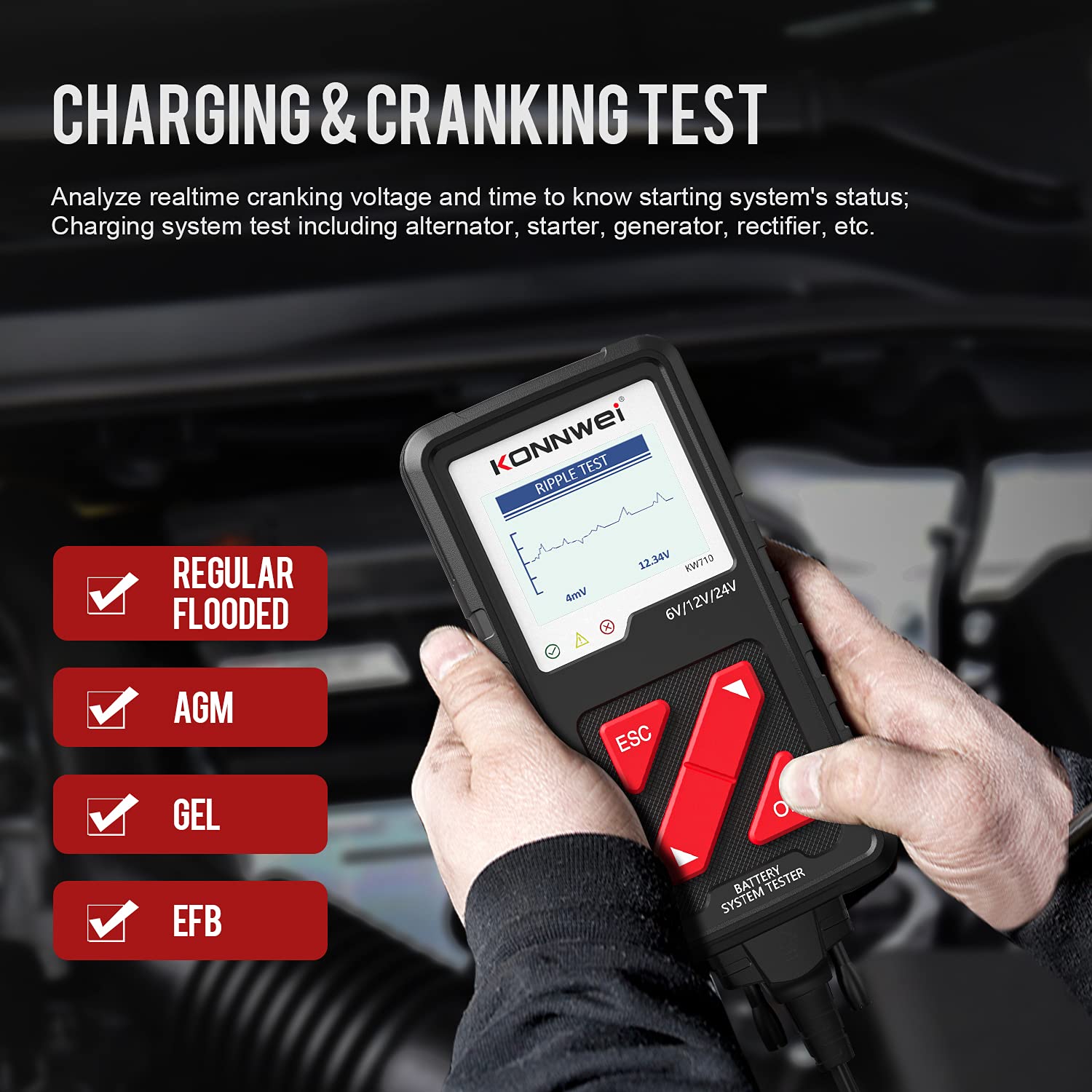 KONNWEI KW710 Car Battery Tester 6V 12V 24V, Battery Load Tester Automotive 100-2000CCA Digital Auto Battery Analyzer Alternator Starter Tester for Car Truck Motorcycle Marine ATV SUV