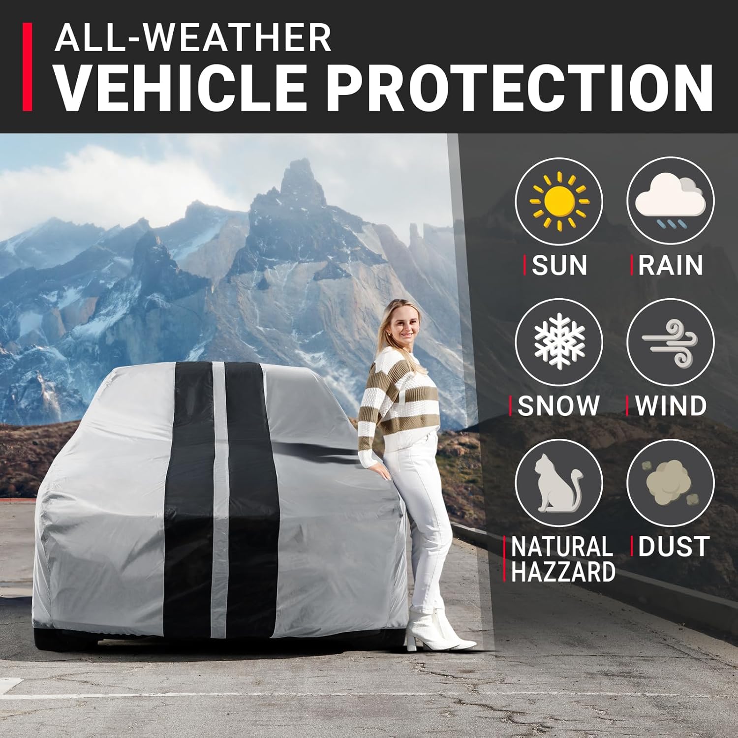 iCarCover Custom Car Cover for Chevy Sprint (1985-1992) Waterproof All Weather Rain Snow UV Sun Protector Full Exterior Indoor Outdoor Car Cover (Stripe - Gray/Black)