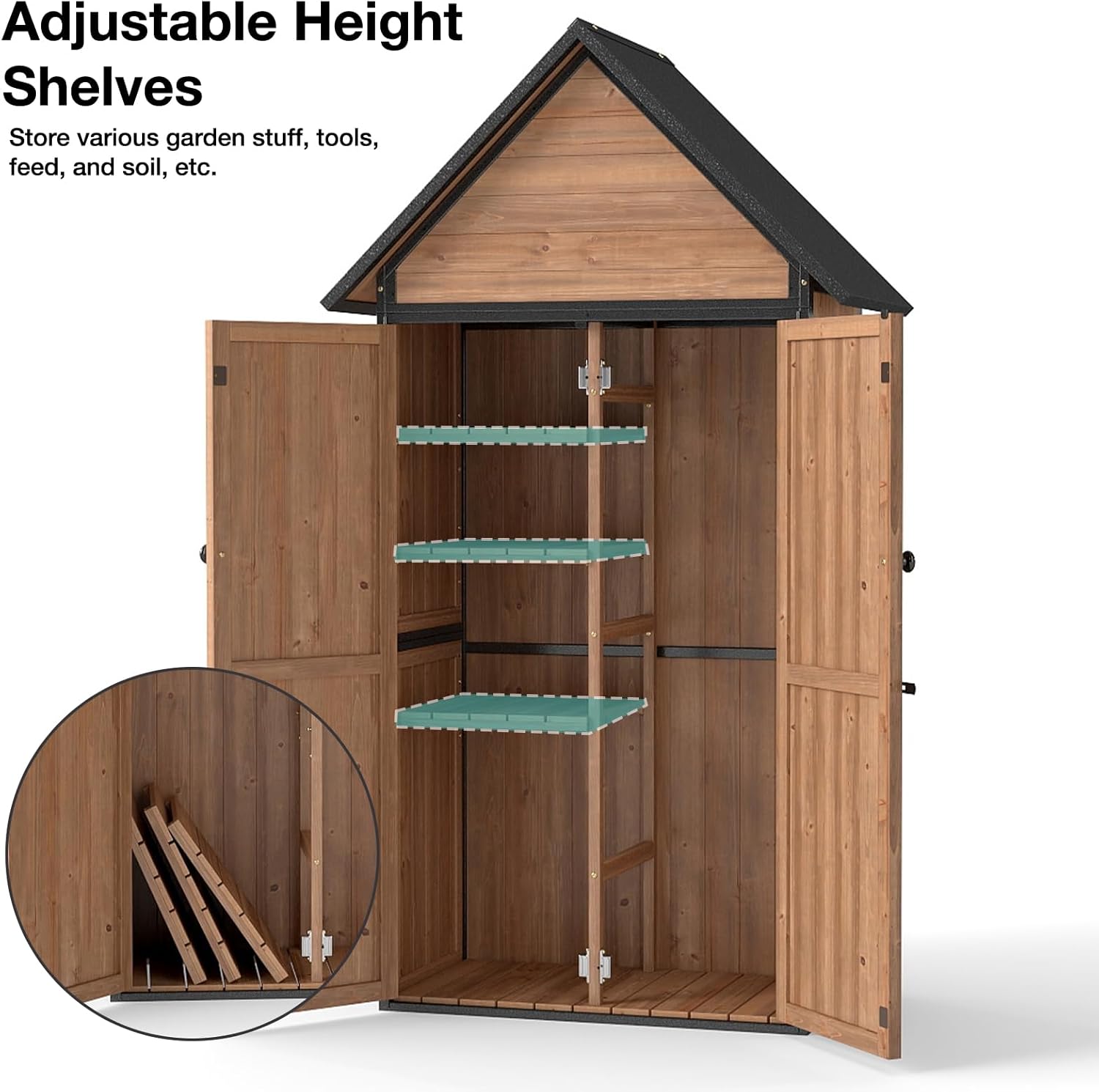 Outdoor Storage Shed with Sloped Roof - Heavy-Duty Metal & Wood Garden Cabinet, Adjustable Shelves, Large Capacity Waterproof Design for Patio, Garage, Backyard (Brown)