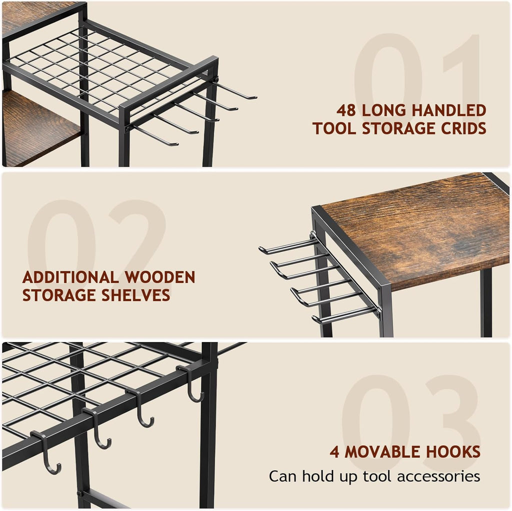 Garden Garage Tool Organizer - with 3-tier Shelves, Yard Tool Organizer for Garage with 4 Hooks, Heavy duty Steel Garden Tool Rack Holds up to 48 Long Handled Yard tools for Storage