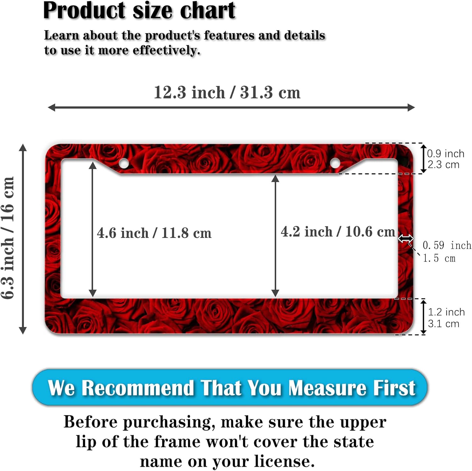 License Plate Frame Red License Plate Protector American Rose Red Rose Flower Aluminum Metal Car Accessory 2 Pack with Screw Covers Set