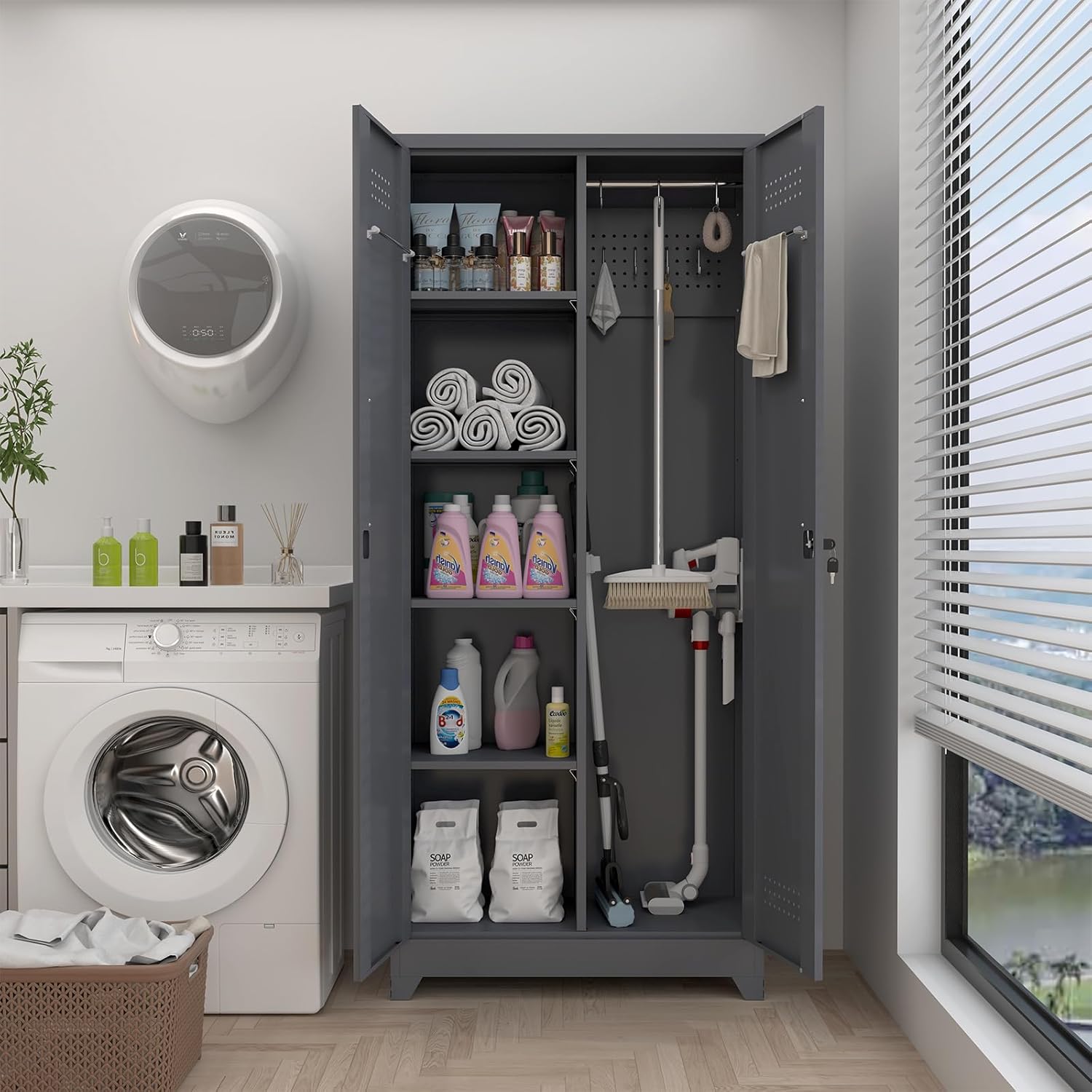 GREATMEET 72.8" H Metal Storage Cabinets with Doors and Shelves, Grey Broom Closet Storage Cabinet, Broom and Mop Utility Cabinet for Home,Kitchen,Garage