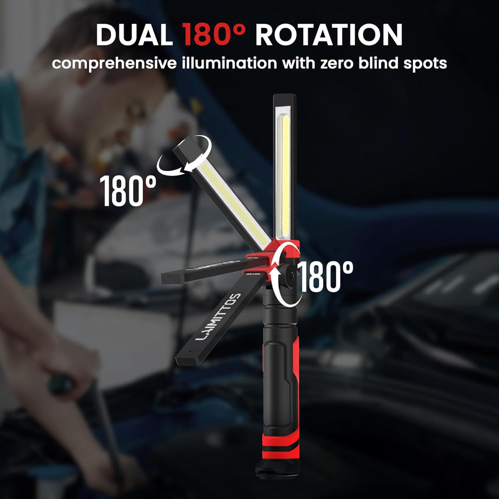 Rechargeable LED Work Light, Magnetic Flashlight Mechanic Light Tool Gifts for Men Him, Foldable Lamp with Hook for Car Repair Emergency BBQ Grill (2 Pack)