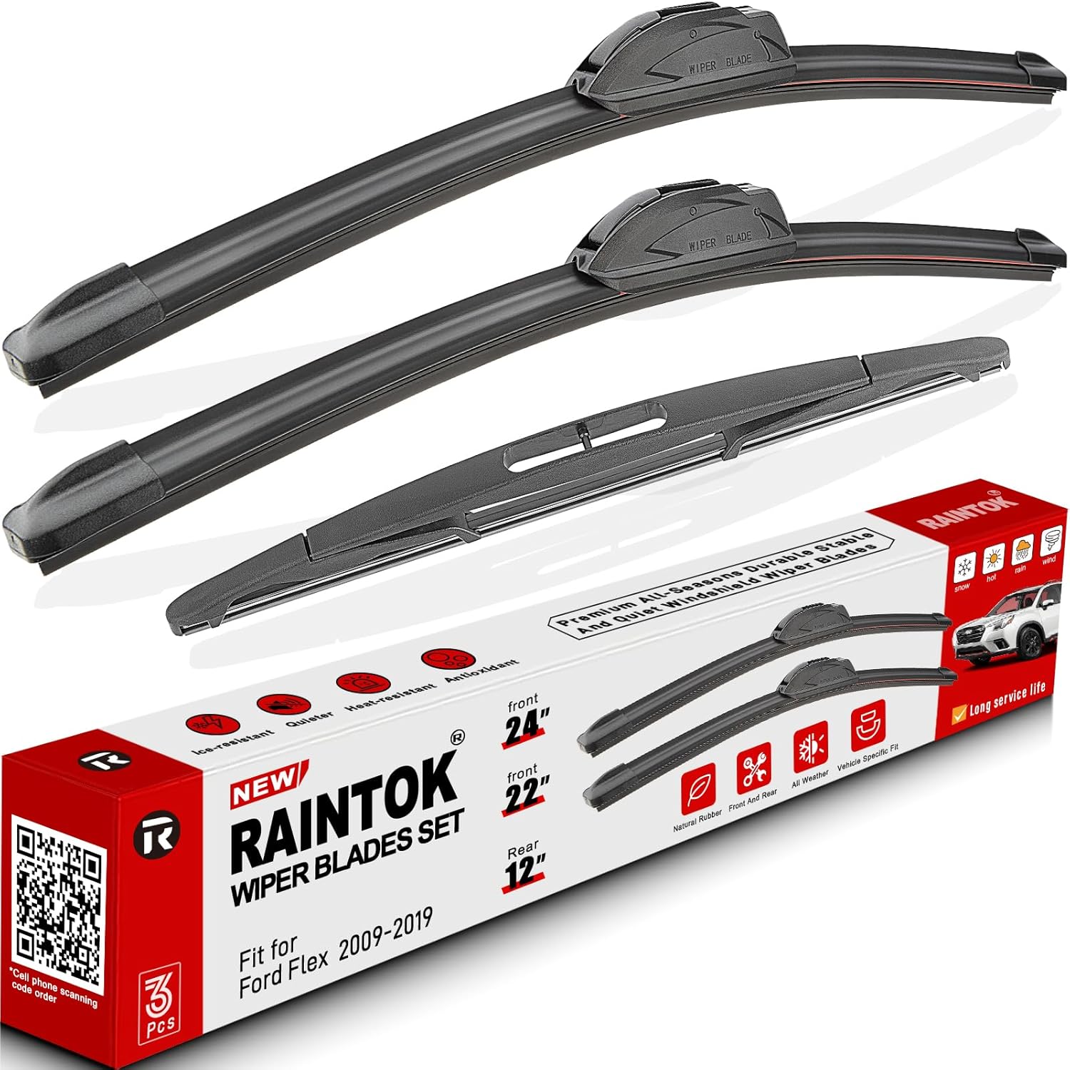 Windshield Wiper Blades Replacement for Ford Flex 2009 2010 2011 2012 2013 2014 2015 2016 2017 2018 2019 Original Factory Quality Front Rear Wipers Blade Set - 24" 22" 12" (Pack of 3)