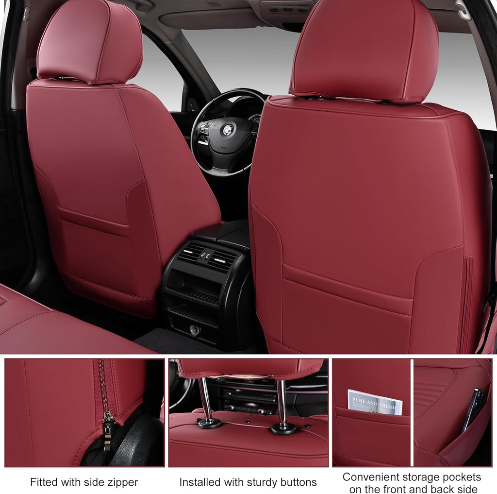 Front Seat Covers, 2 Pieces Universal Seat Covers for Cars, Waterproof Leather Auto Seat Protectors with Head Pillow, Car Seat Cushions Fit for Most Sedans SUV Pick-up Truck, Wine Red