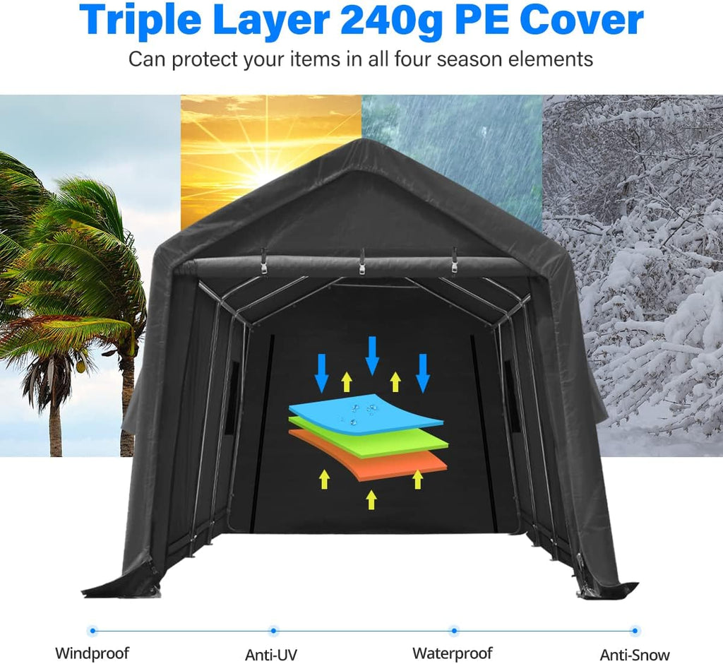 ADVANCE OUTDOOR Heavy Duty 10x20 ft Carport Outdoor Patio Portable Canopy Storage Shelter Shed with 2 Roll up Zipper Doors & Vents for Snowmobile Garden Tools, Gray