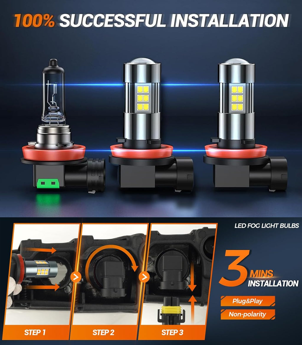 SEALIGHT H11 H8 H16 LED Fog Light Bulbs or DRL, Real 360° illumination Fog Bulbs, 6000K 400% Brightness Upgraded, H16 Front Fog Lamp,Non-polarity, Pack of 2, Plug&Play