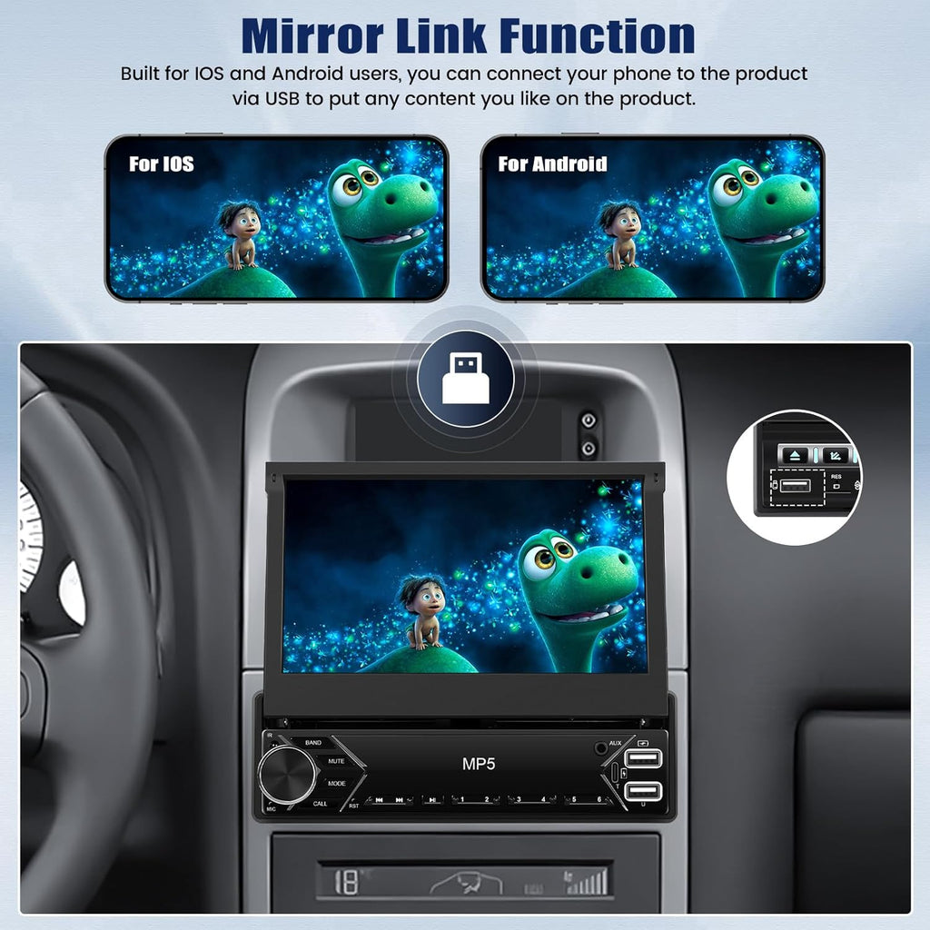 Single Din Touchscreen Car Stereo with Wireless Carplay&Android Auto,7 Inch Car Radio Flip Out MP5 Play with BT FM Radio EQ Mirror Link Car Audio with USB/TF/AUX-in SWC+Backup Camera+Microphone