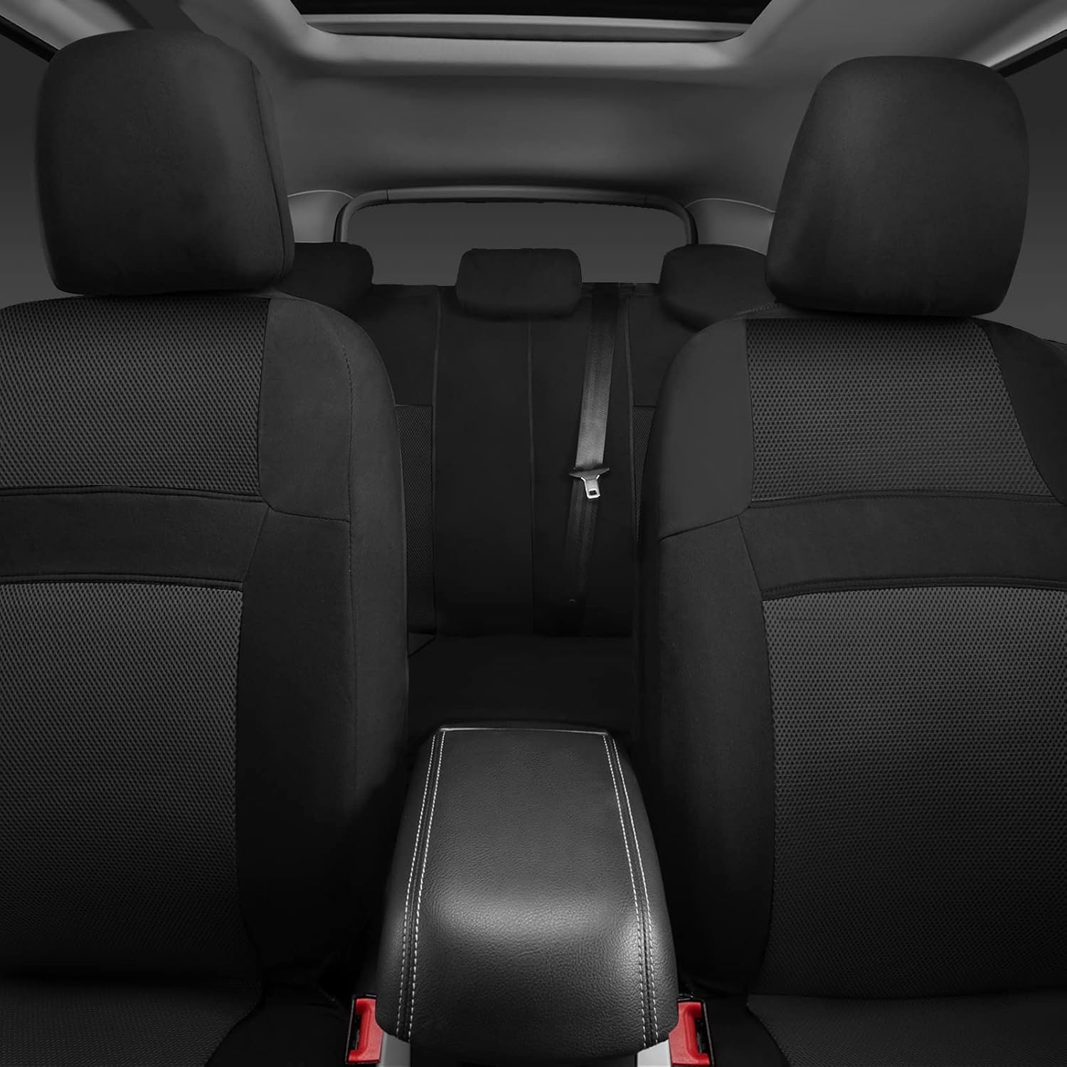 CAR PASS 3D Air Mesh Car Seat Covers Full Sets w/5mm Sponge, 4Pcs Waterproof Car Floor Mats, Steering Wheel Cover Universal Fit for SUV Sedan Truck, Airbag Compatible Automotive Interior(Black)