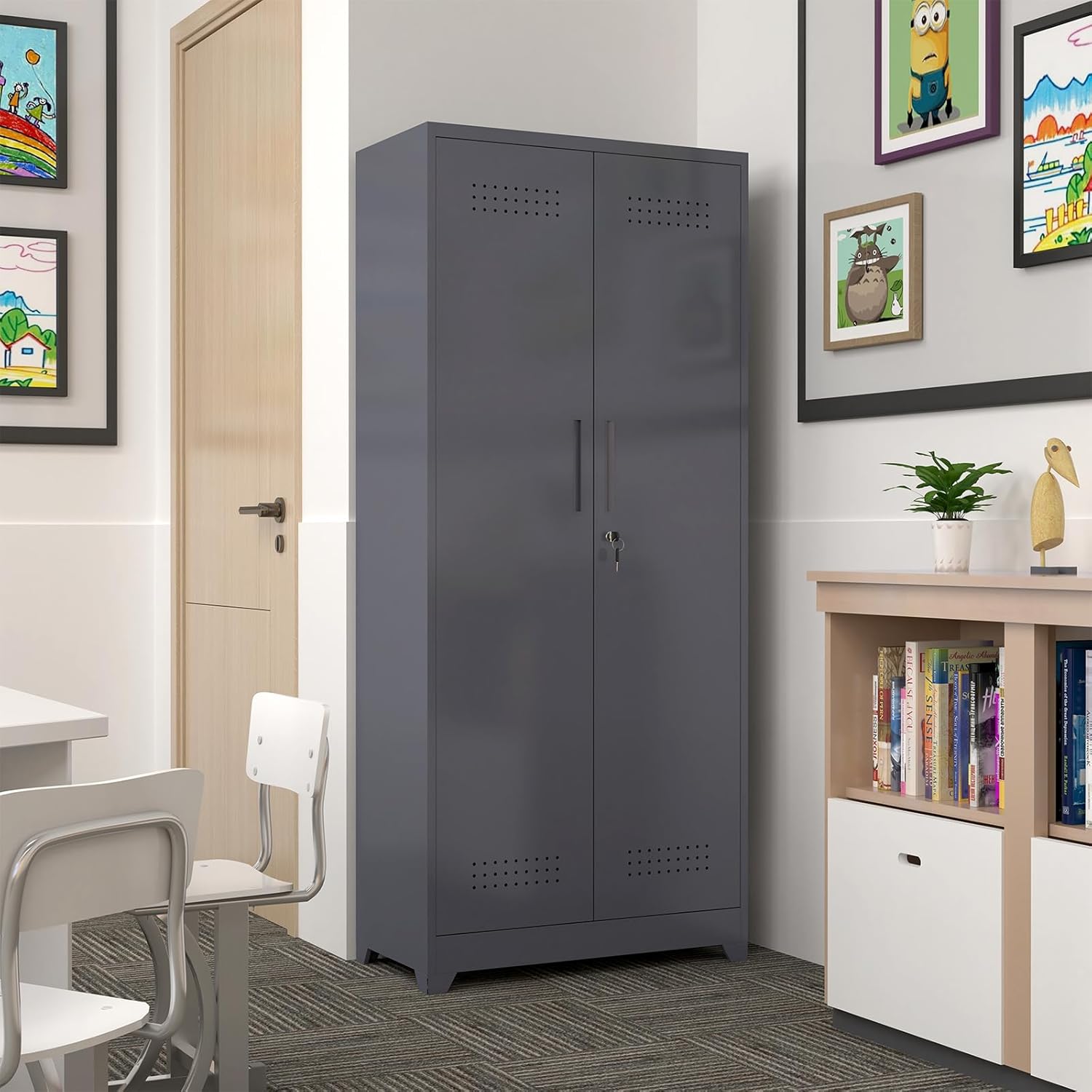 GREATMEET 72.8" H Metal Storage Cabinets with Doors and Shelves, Grey Broom Closet Storage Cabinet, Broom and Mop Utility Cabinet for Home,Kitchen,Garage