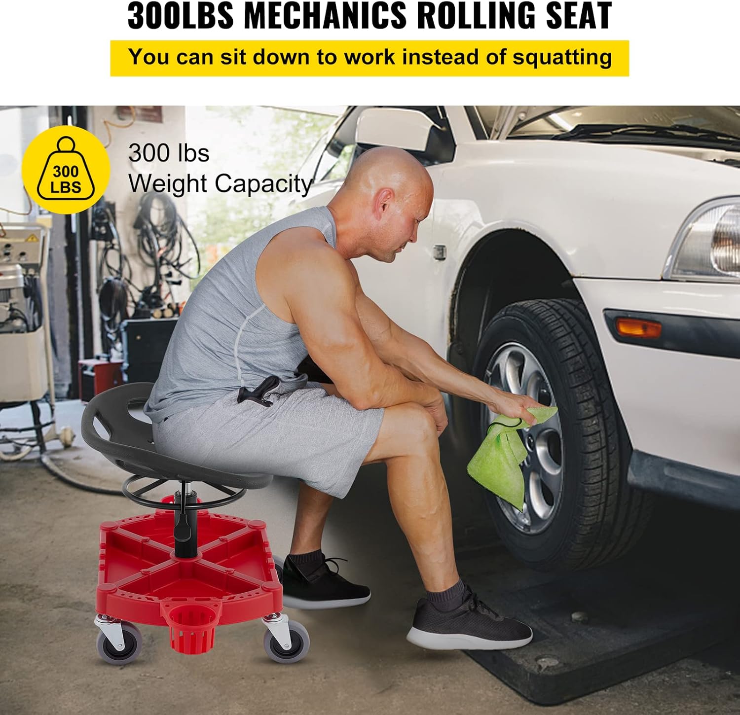 VEVOR Rolling Garage Stool, 300LBS Capacity, Adjustable Height from 18 in to 23 in, 360-degree Swivel Wheels (4"), Large Tool Tray with Two Bottle Holder, for Workshop, Auto Repair Shop, Red