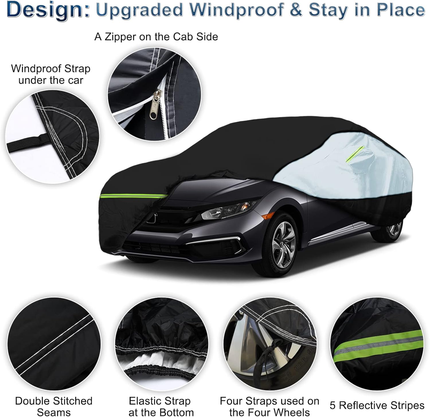Universal Sedan Car Cover Fit for Toyota Corolla, Honda Civic, Nissan Sentra, Ford Focus, Chevy Cruze,Waterproof All Weather Anti-UV Windproof Snow Protection - Up to 193''(L)