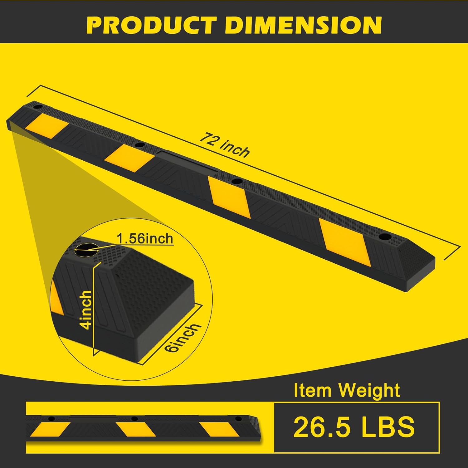72" Rubber Parking Curb Stop, Heavy Duty Car Stopper, Parking Wheel Stops for Car, Garage Bumpers with Reflective Yellow Tape for Parking Car, Garage Parking (2 Pack)