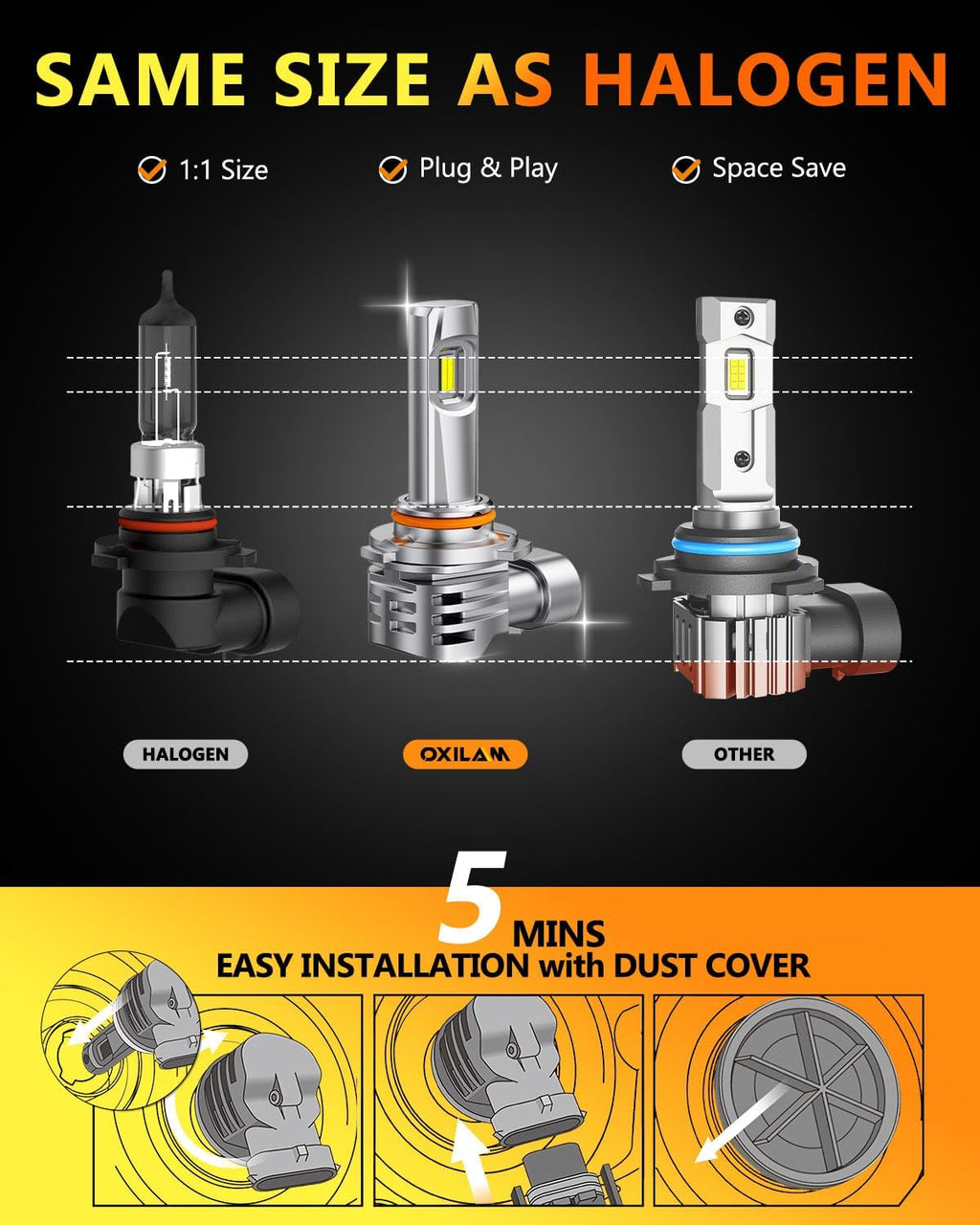 OXILAM 9005 9006 LED Bulbs Combo, HB3 HB4 Bulbs, 1:1 Size Upgrade, 800% Brighter Visibility, No Flicker, No Noise, 60,000H Lifespan, IP68 Waterproof