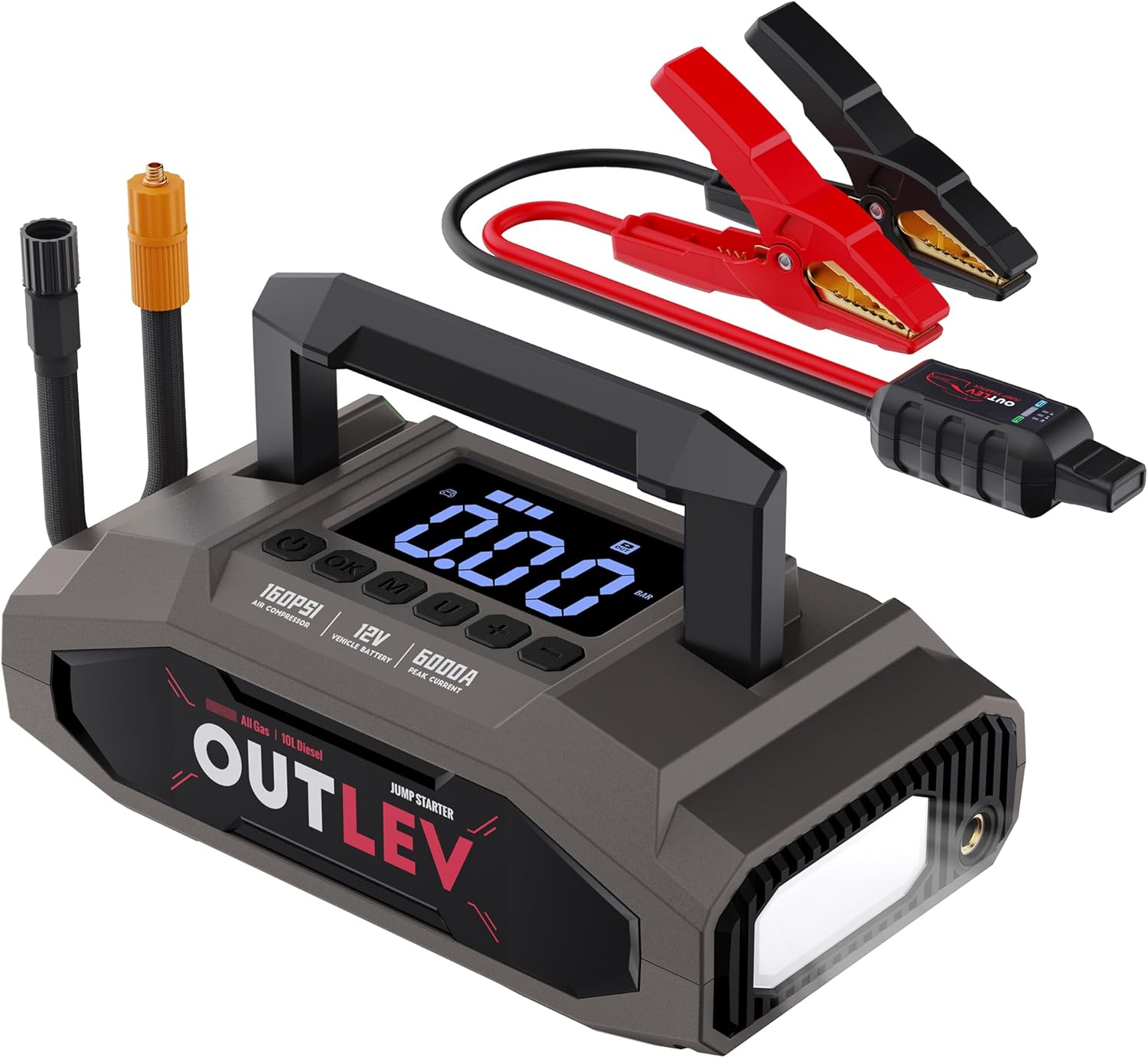 Jump Starter with Air Compressor (6000A 160PSI) - All-in-One Portable Jump Starter for Cars, Trucks, RV, Boat - Fast Charging, Safety Protection, Essential for Road Trips & Emergencies