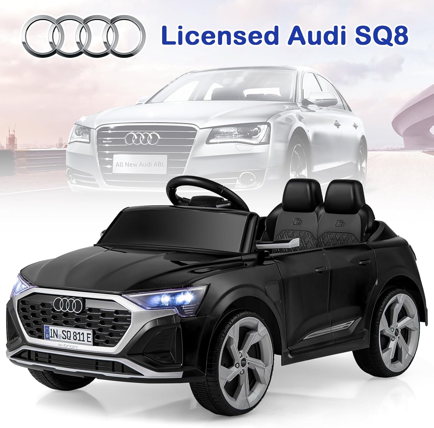 Licensed Audi SQ8 Ride on Car by OLAKIDS, 12V Kids Electric Vehicle with Remote Control, Toddlers Battery Powered Toy with 3 Speeds, Wheels Suspension, Music (Black)