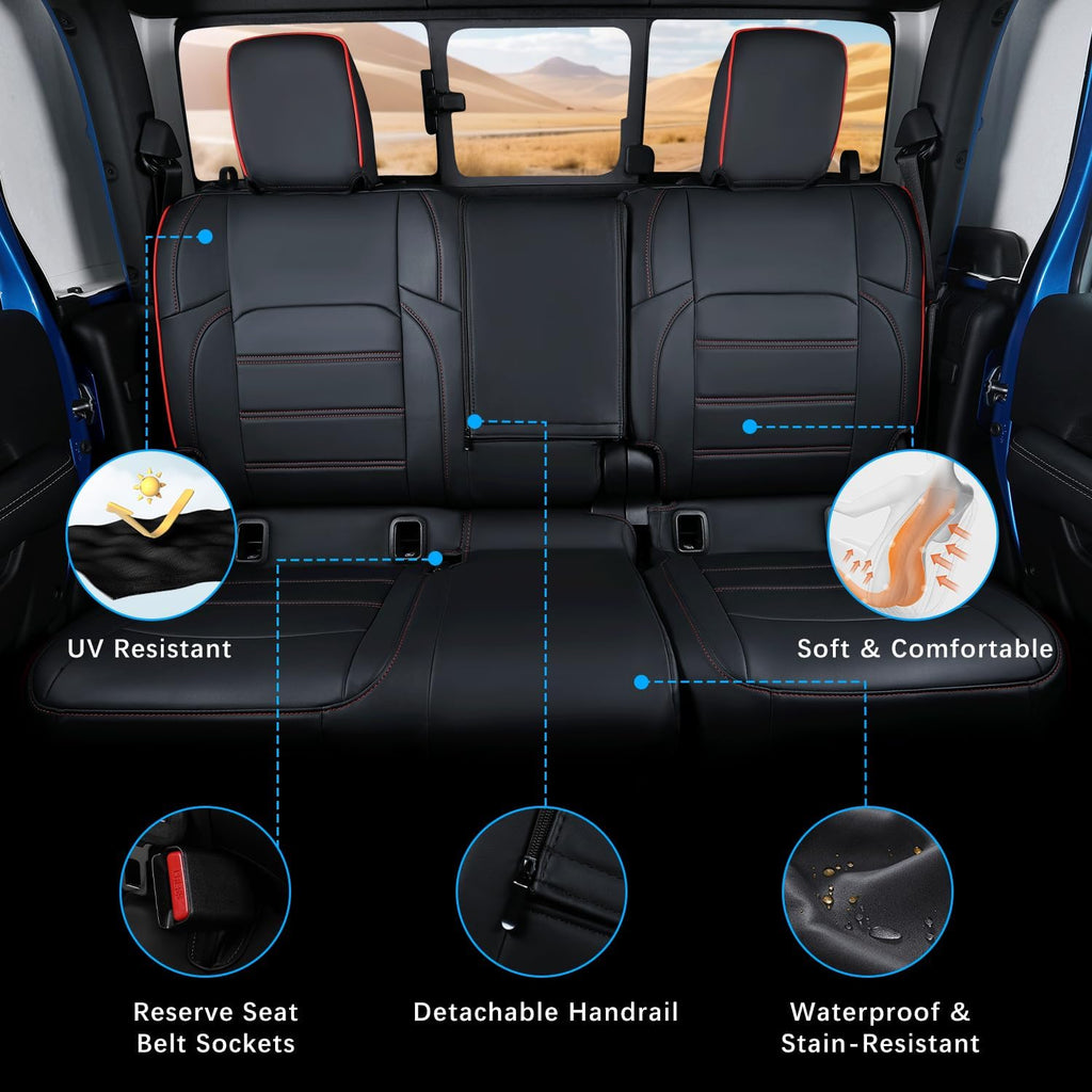 Jeep Gladiator Seat Covers - Premium Quality Faux Leather, Waterproof, Scratch-Resistant, Custom Fit for Jeep Gladiator 2025, 2024, 2023, 2022, 2021, 2020 (Black+Red Line)