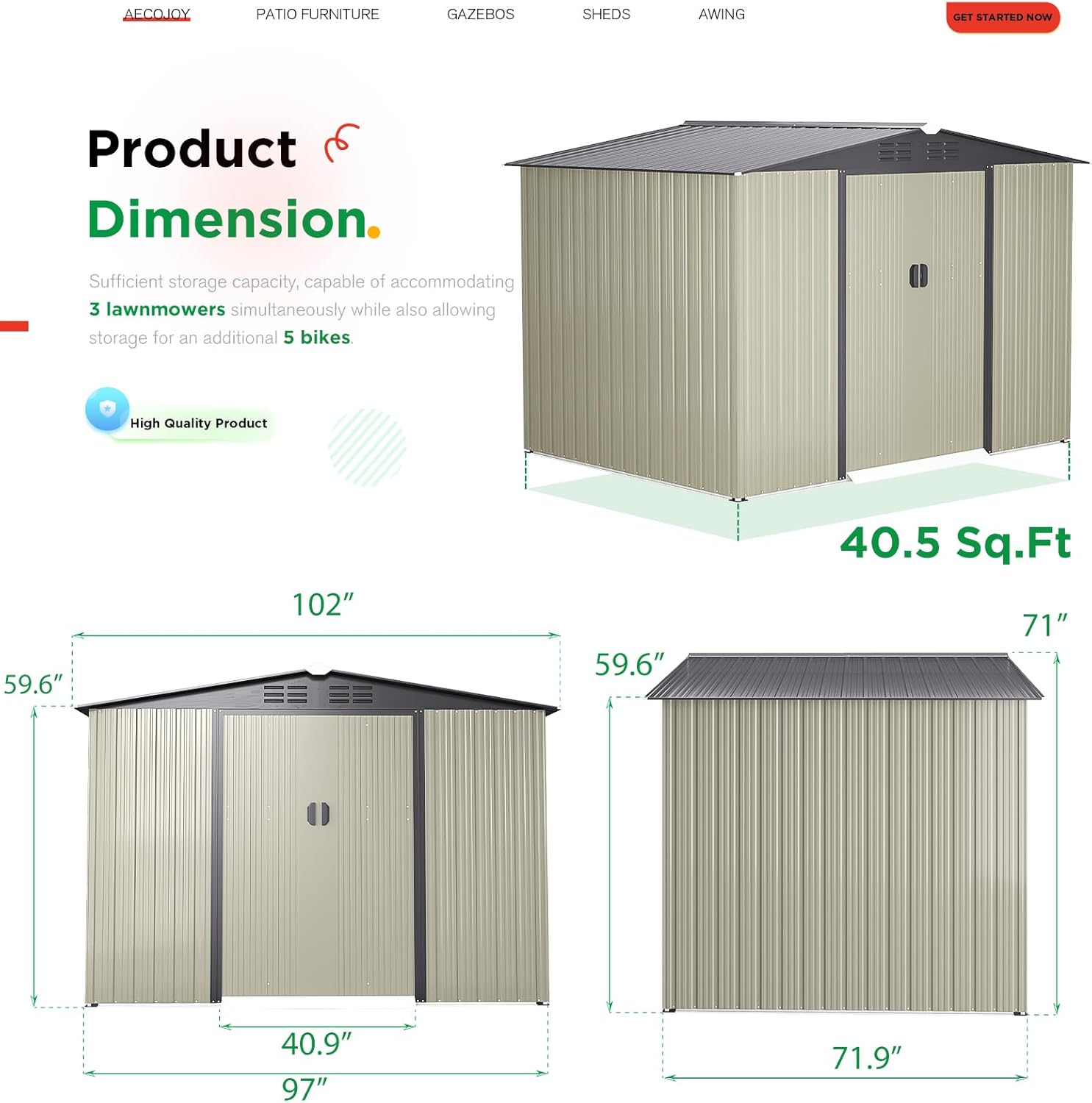 AECOJOY 8 x 6 Ft Shed, Outdoor Storage Tool Shed (Sliding Door), Metal Garden Shed for Yard, Outdoor Storage Clearance in Grey
