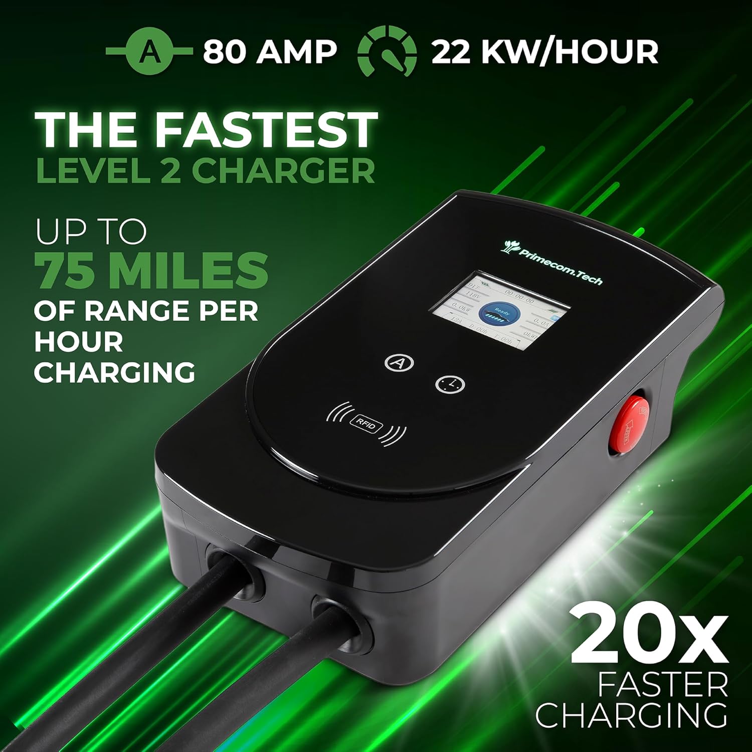 PRIMECOM 80 Amp 22KW 220Volt Level-2 18ft to 50ft Cord Lengths 20X Fast Smart Electric Vehicle EV Charging Station Ford Transit F-150 Lightning Lucid Air Polestar TeslaXS Taycan (25 Feet)