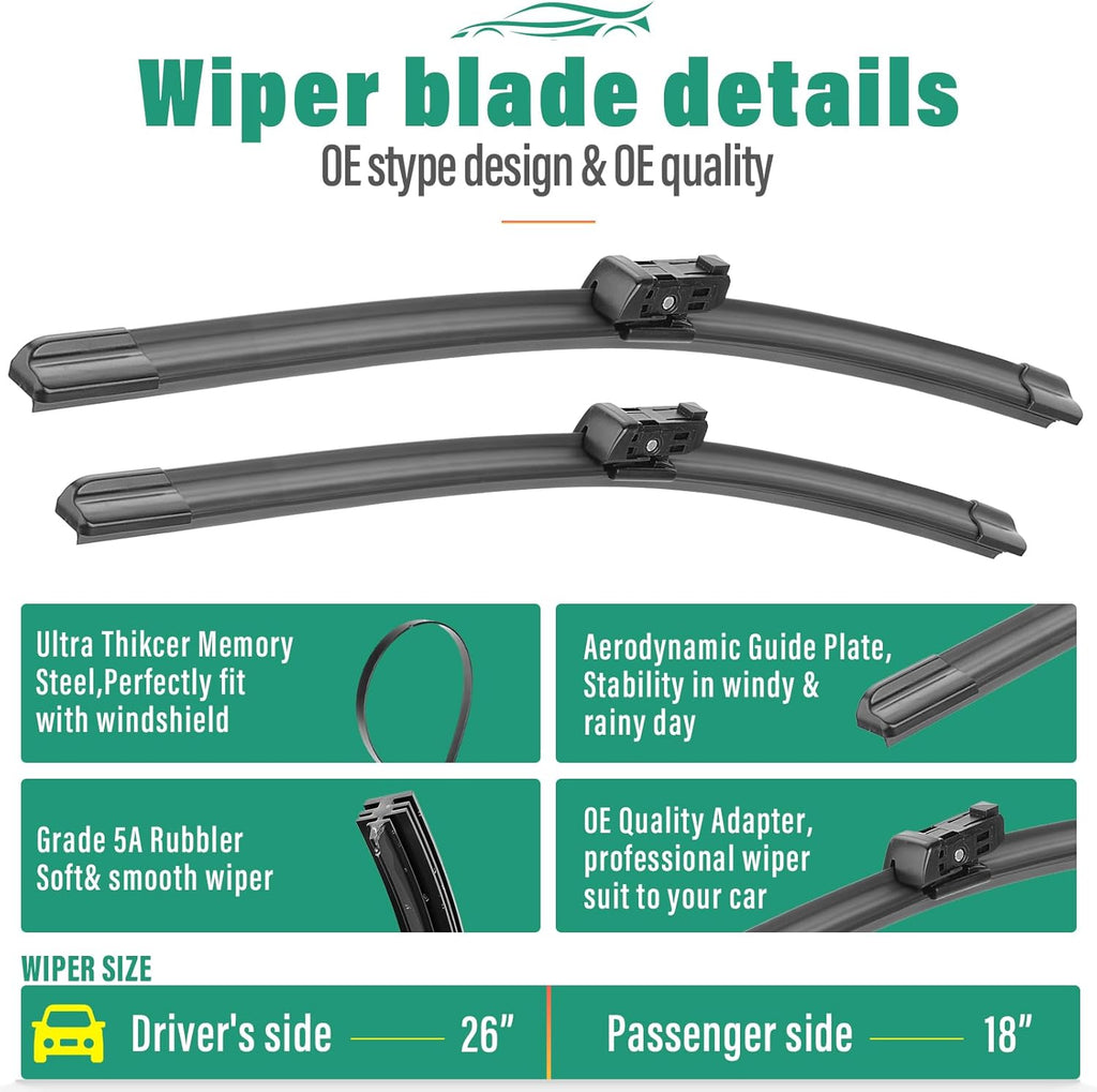 26" 18" 11" Windshield Wiper Blades Replacement for VW Volkswagen Golf GTI e-Golf MK7 MK7.5 2015 2016 2017 2018 2019 2020 2021 Premium All Weather Front Rear Wipers Set - OEM Quality (Pack of 3)