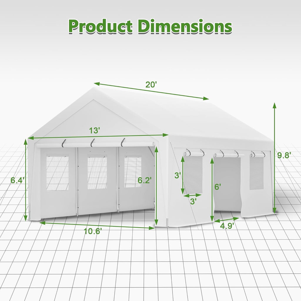 13x20 ft Heavy Duty Carport with Removable Sidewalls & Roll-up Windows, Portable Garage Tent with Doors, All-Season Outdoor Canopy Shelter for Car, Truck, Boat, White