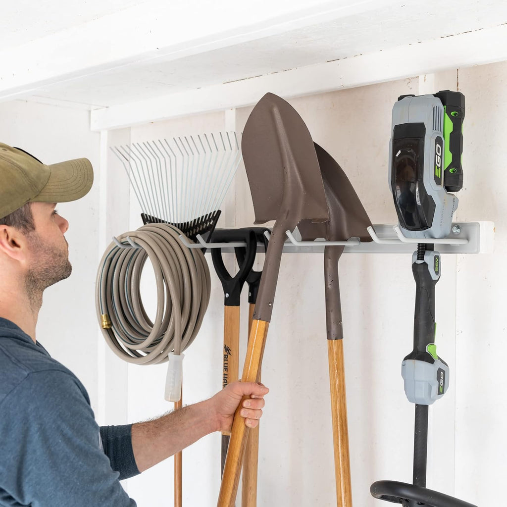 StoreYourBoard Wall-Mounted Rack With 4 Garage Hooks – Heavy-Duty Steel Holder Garage & Garden Storage for Shed, Workshop, or Home Organization – For Rakes, Shovels, Tools & More – 2 Pack, Gray