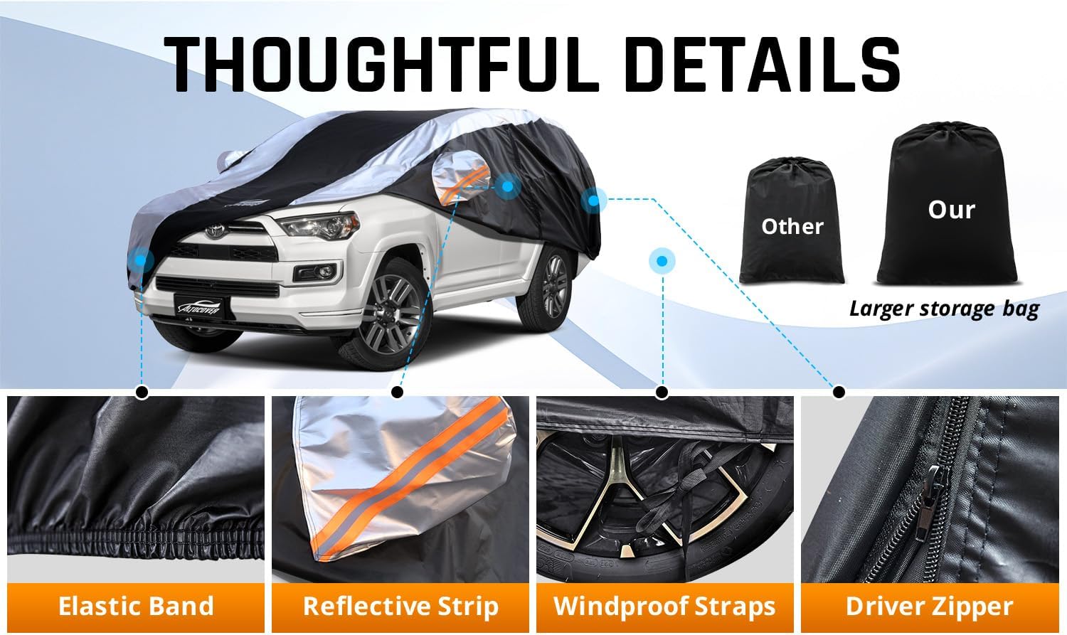 Toyota 4Runner Car Cover Waterproof All Weather with Silver Strip Design, Custom Fit for Toyota 4Runner 2003–2025, 4Runner Accessory with Door Zipper & Windproof Straps
