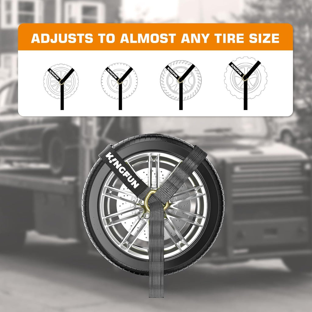 Kingfun Car Tie Down Straps for Trailers 4 Pack– Heavy Duty 2" x 120" Trailer Tire Straps with 3333 lbs Safe Working Load, Over The Wheel Strap for Car Hauler, Truck, UTV, and Utility Trailers