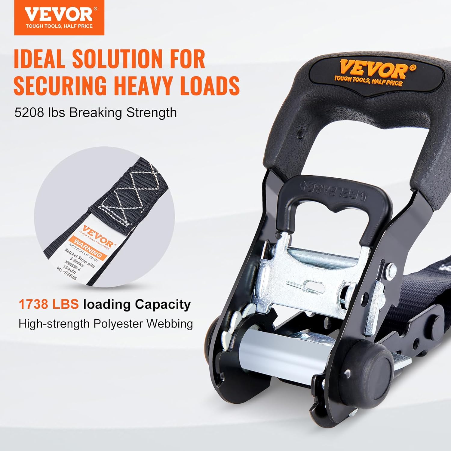 VEVOR Ratchet Tie Down Straps (4PK), 5208lbs Break Strength, 1.6" x 8' Heavy Duty Ratchet Tie Down Strap Set with Padded Handles, Coated S Hook, Soft Loop for Moving Appliances Motorcycle ATV Truck