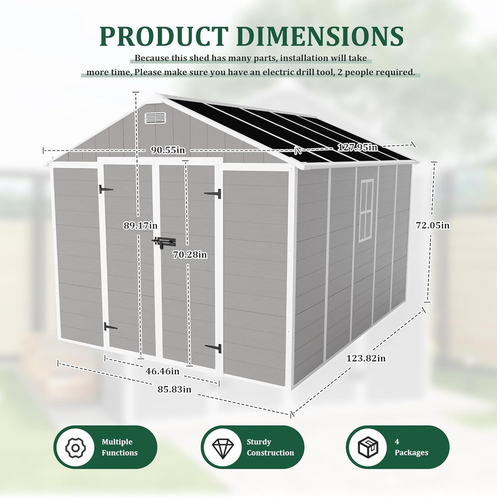 MyVoice 10x8 FT Outdoor Resin Storage Shed with HD Window, Rustproof Waterproof Garden Tool Shed, 12mm Thickened PP Panels, Large Capacity Outdoor Utility House for Backyard Patio (with Floor)