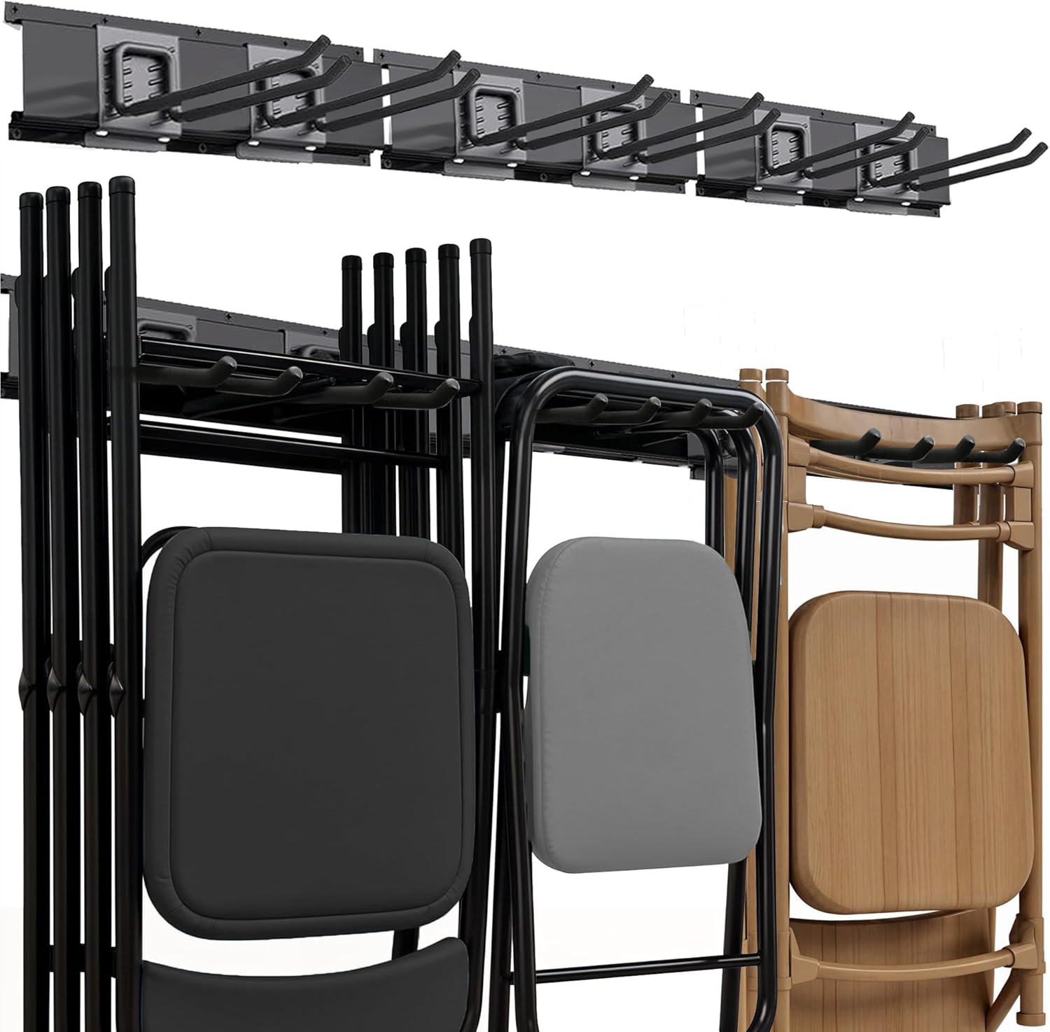 Garage Tool Organizer Wall Mount | 48-Inch Garage Wall Organizer & Folding Chair Rack | Heavy-Duty Tool Hanger System | 9-Piece Kit with 3 Steel Rails & 6 Adjustable Hooks | 300 lbs Capacity