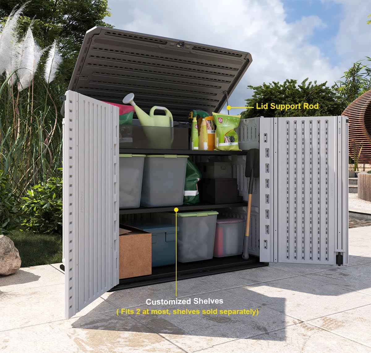 KINYING Outdoor Storage Shed-Horizontal Storage Cabinet Waterproof for Garden, Patios, Backyards, 35 Cu.ft Resin Tool Shed for Garbage Cans, Small Tools, Lawn Mower,Off-White Color