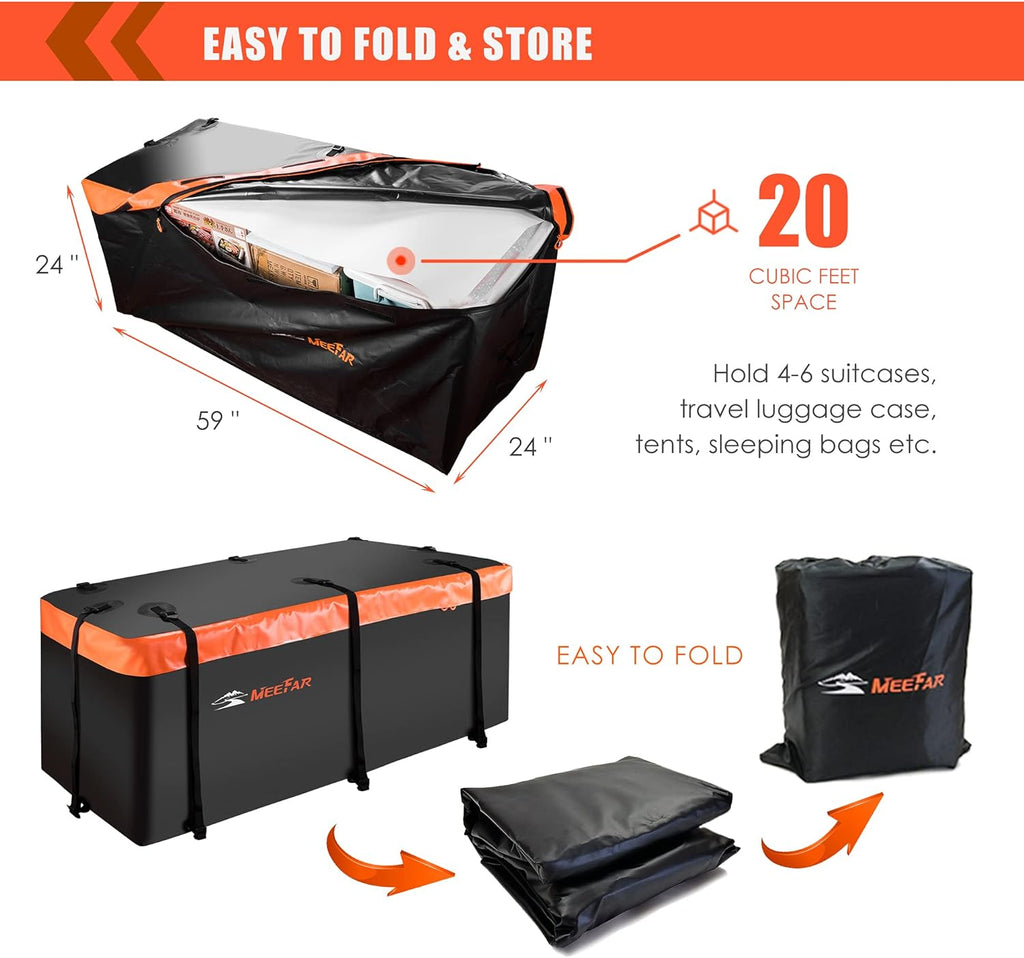 MeeFar Hitch Mount Cargo Carrier Bag Soft Shell 100% Waterproof 20 Cubic Feet (59" 24" 24") Include 8 Reinforced Straps for Truck Pickup All Vehicle with Steel Cargo Basket