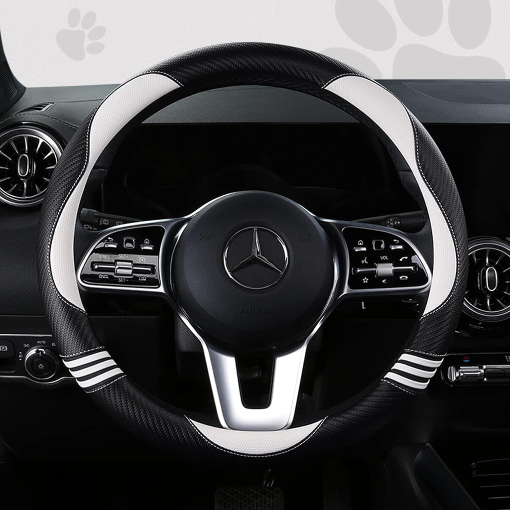 Car Steering Wheel Covers for Women Padded Carbon Fiber PU Leather Cute Auto Interior Accessories for Vehicle, Sedan, Universal, Anti Slip, White, Standard Size 14.5-15"(37-38cm)