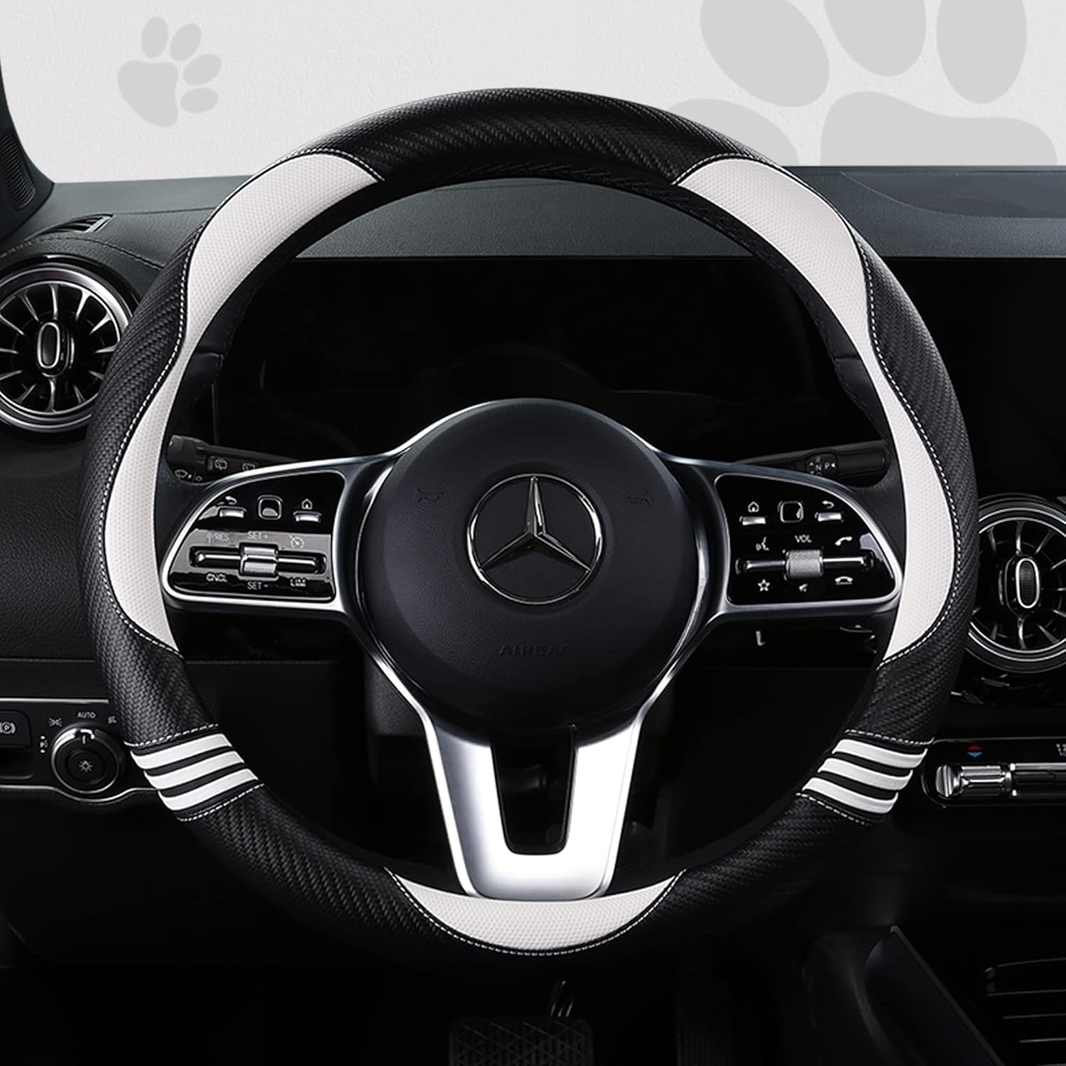 Car Steering Wheel Covers for Women Padded Carbon Fiber PU Leather Cute Auto Interior Accessories for Vehicle, Sedan, Universal, Anti Slip, White, Standard Size 14.5-15"(37-38cm)