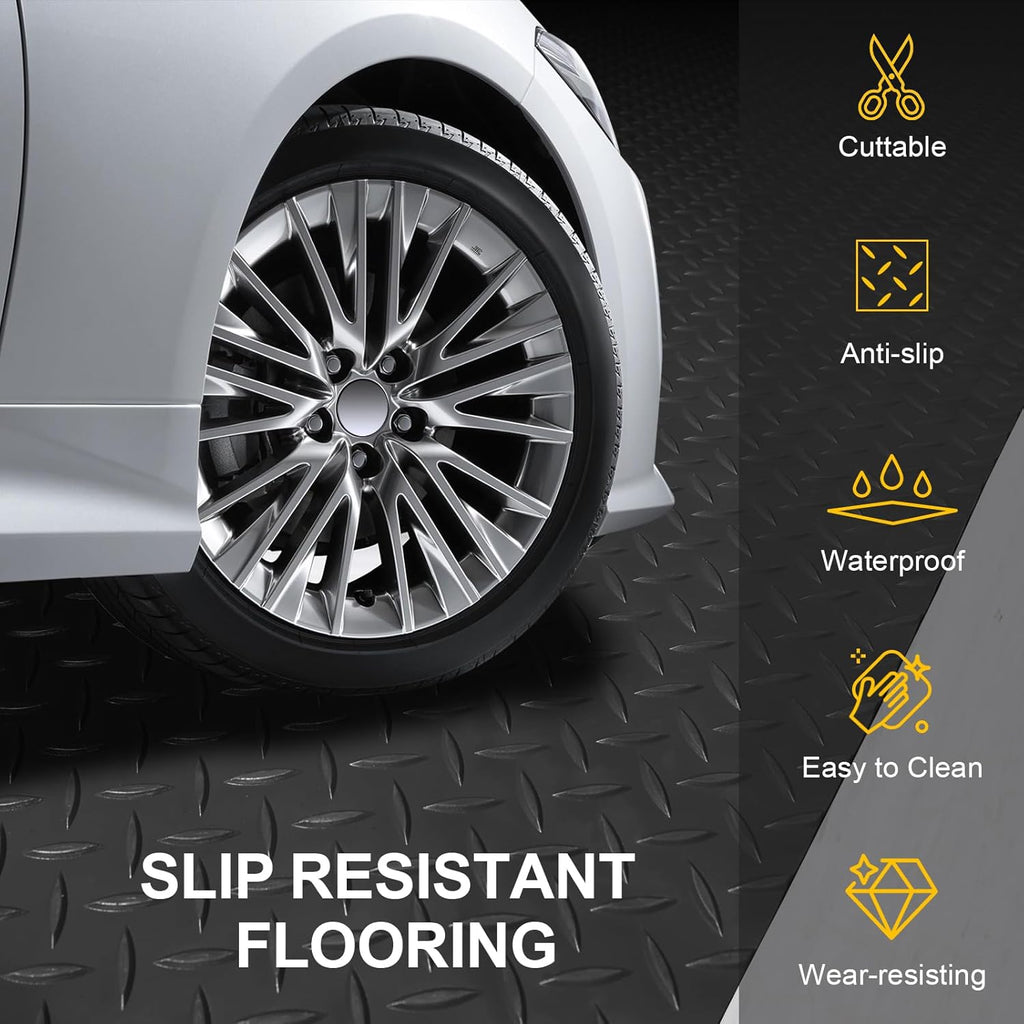 Garage Floor Mat 2.8mm Thickness PVC Garage Flooring Roll Diamond Plate Floor Mats for Garage, Workshop, Gym, Golf Cart Parking or Trailers (Black, 7.5 x 17 FT)