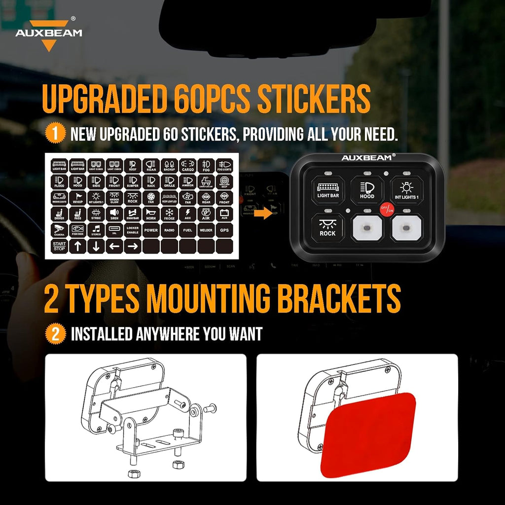 Auxbeam 6 Gang Switch Panel BC60 Universal Circuit Control Relay System Automatic Dimmable LED Switch Pod Touch Control Panel Switch Box for Car Truck Pickup Boat UTV SUV - Blue, 2 Years Warranty