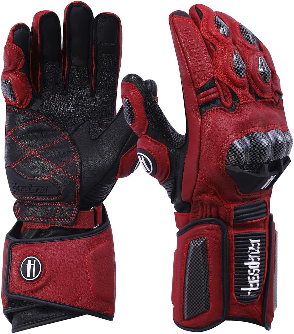 Harssidanzar Leather Motorcycle Gloves for Men and Women,Powersports Carbon Fiber Knuckle Protection Motorbike Gloves KM045