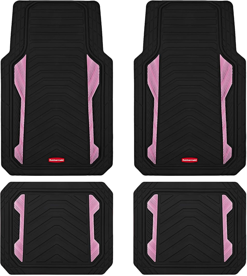 Rubbermaid Car Floor Mat, Heavy Duty All-Weather Car Mats Full Set with Dual-Tone Pink Aluminum Inserts – Universal Fit, Anti-Slip Backing, Trim-to-Fit for Most SUV, Sedan, Van