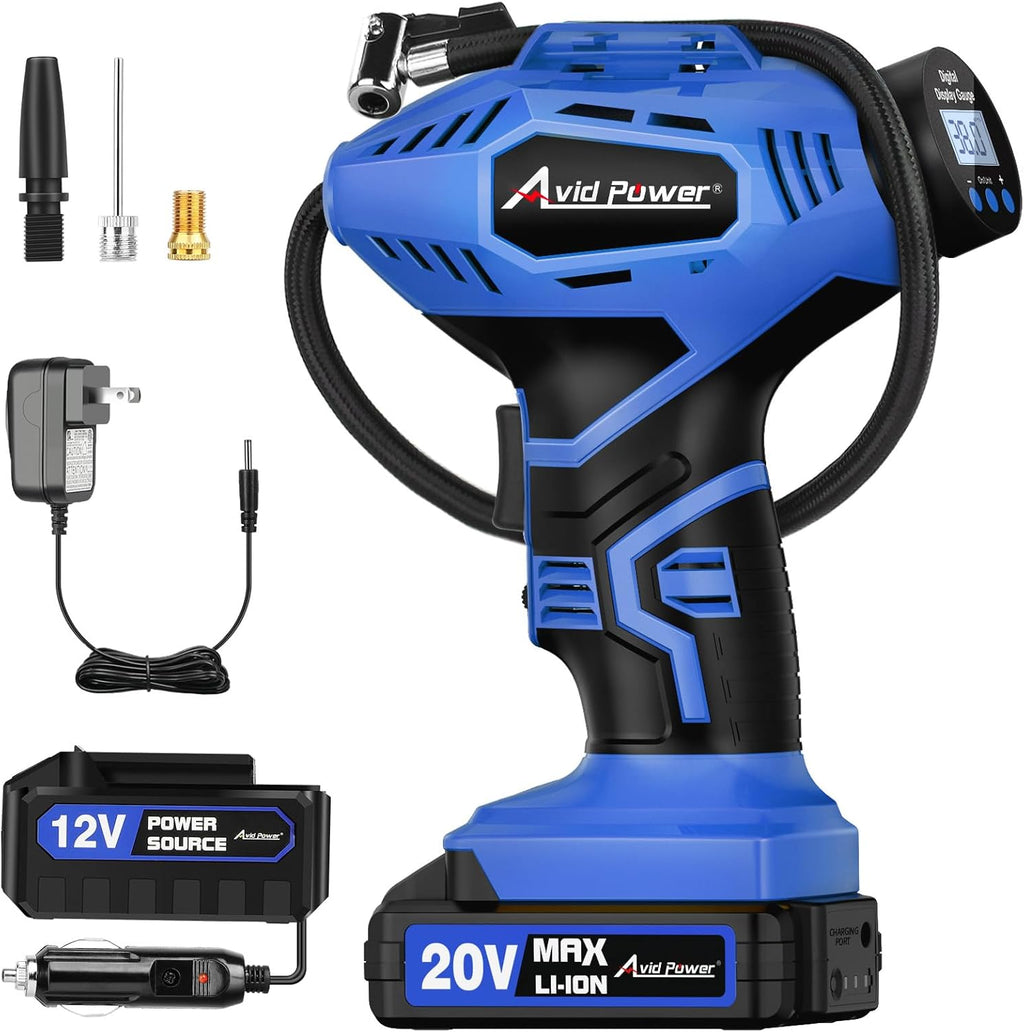 AVID POWER Cordless Tire Inflator Portable Air Compressor, 20V Rechargeable Battery Powered Car Tire Pump w/ 12V DC Adapter, Digital Pressure Gauge, Air Pump for Car, Bike, Motorcycle, Ball