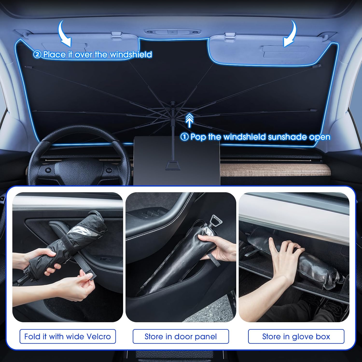 helloleiboo Foldable Car Windshield Sun Shade Umbrella 360°Rotating 55"x30"Sunshade for Car Windshield Front Window Reflective Polyester Blocks Heat Automotive Interior Sun Protection for Cars Trucks