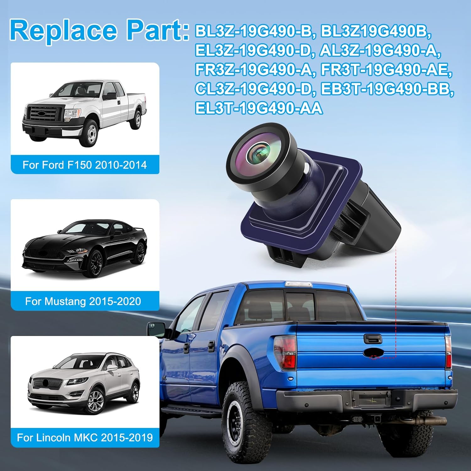 F150 Backup Camera Rear View Parking Assist Camera 170° HD Night Vision Compatible with Ford F150 2010-2014 Mustang 2015-2020 Lincoln MKC 2015-2019 EL3T-19G490-AA EL3Z-19G490-D BL3Z-19G490-B