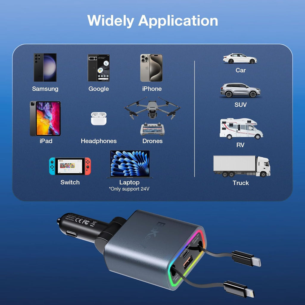 Retractable Car Charger 4 in 1, 131w Cigarette Lighter Adapter USB C, Type C Retractable Fast Charging Car Charger Adapter Multi Port for iPhone16/15/14/13/12/11, Samsung and More