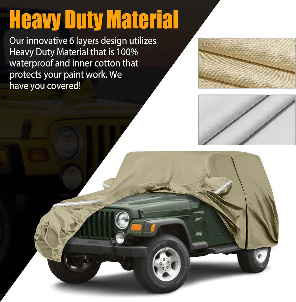 Waterproof Car Covers Replace for 1987-2006 Jeep Wrangler, Multilayer Heavy Duty with Cotton Liner All Weather Custom-fit Car Cover with Zipper Door, Windproof Bands for Snow Rain Dust Protection