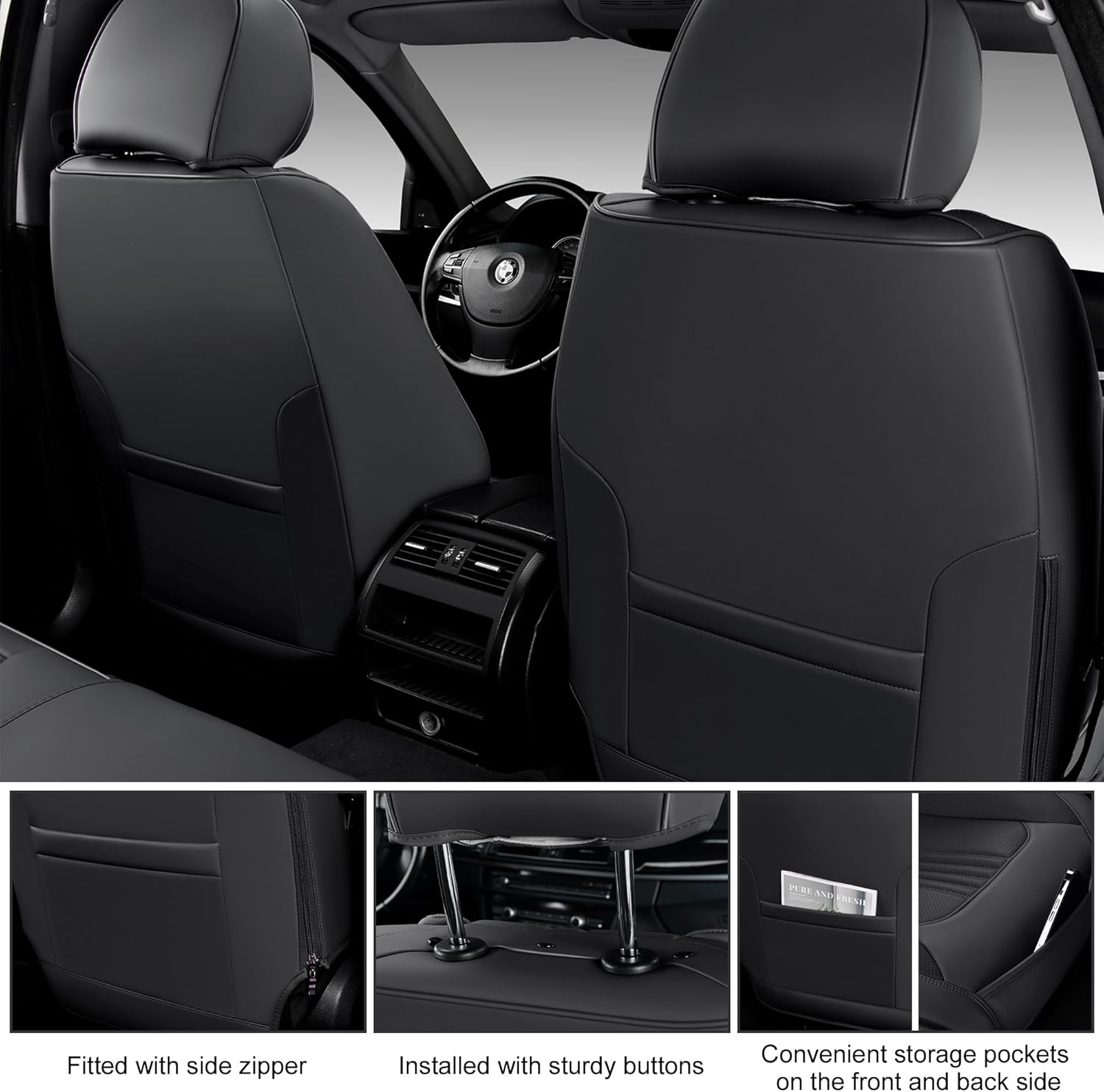Front Seat Covers, 2 Pieces Universal Seat Covers for Cars, Waterproof Leather Auto Seat Protectors with Head Pillow, Car Seat Cushions Fit for Most Sedans SUV Pick-up Truck, Black