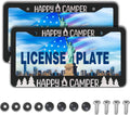 License Plate Frames Black and White Metal License Plate Frame Happy Camper with Campfire Universal Aluminum Car Accessory 2 Pack with Screw Covers Set