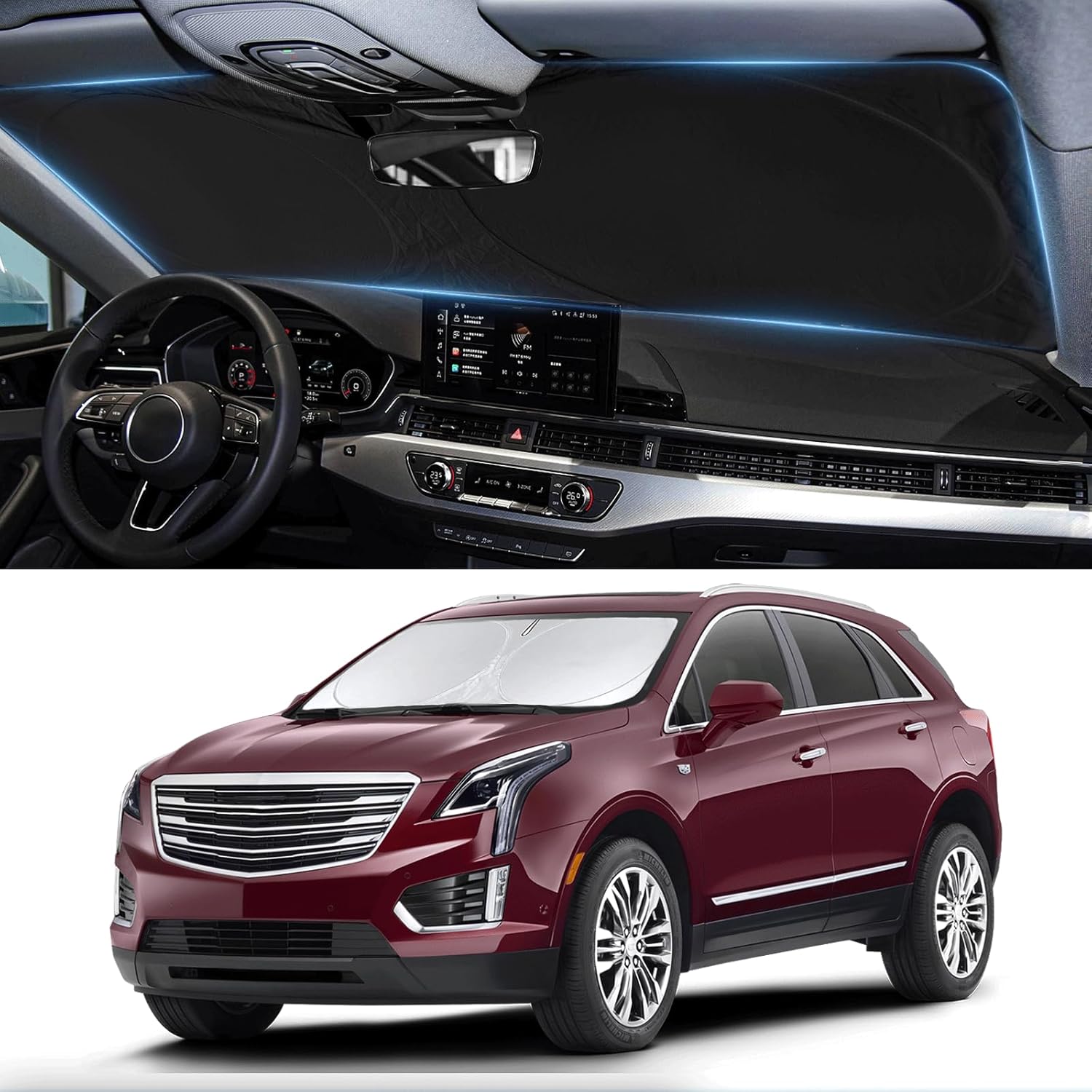 Custom fit Cadillac XT5 Windshield Sunshade for 2017-2023 2024 2025 Cadillac XT5 Accessories Front Window Car Shades Cover for Windshield Sun Visor Screen Protector 210T Reflective Blocks UV Rays